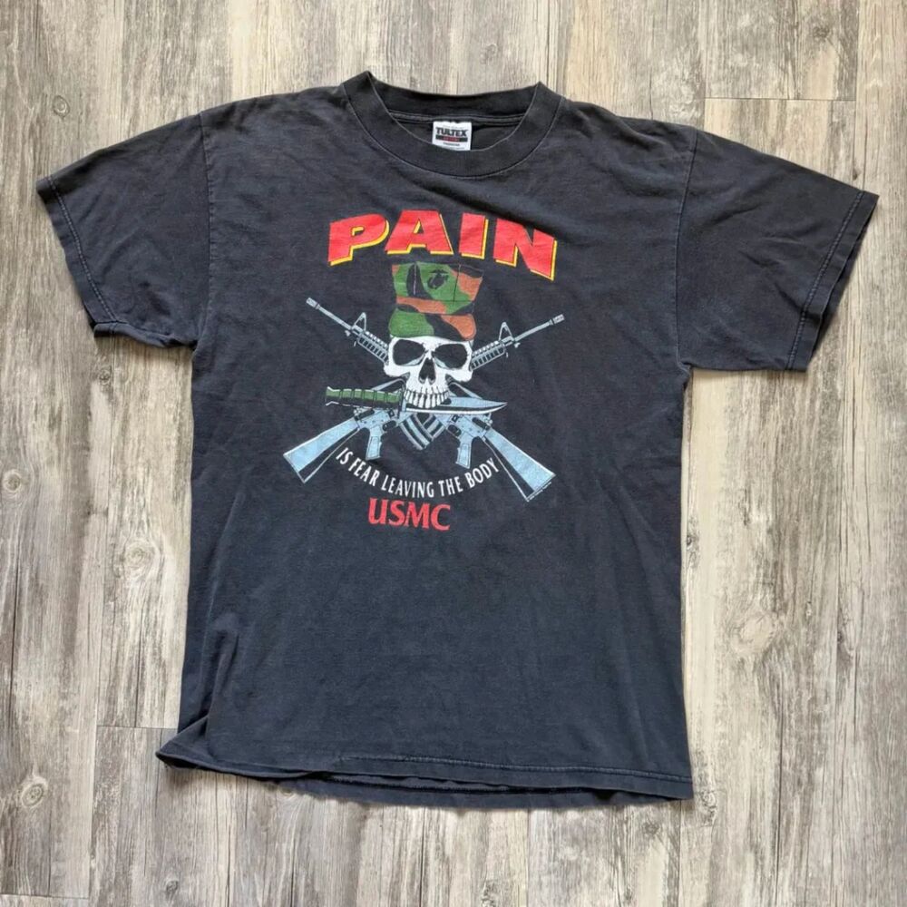 Vintage 1993 USMC Pain Is Fear Leaving The Body T-Shirt Size L Distressed Faded